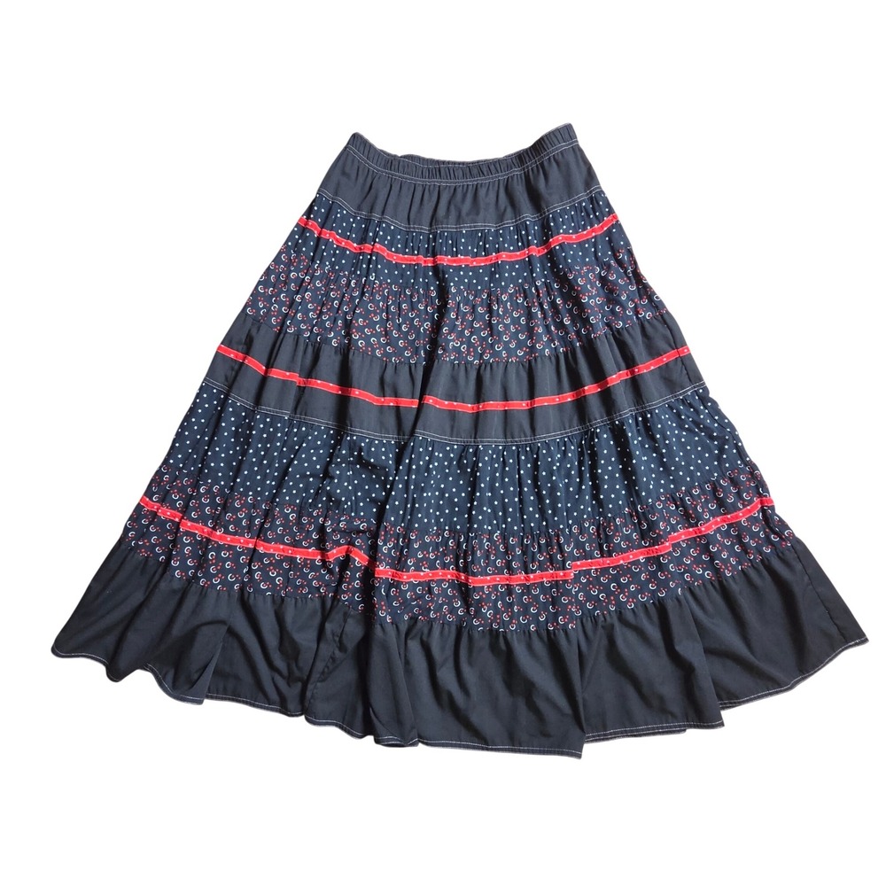 Carole Little Black Red Star Print Tiered Maxi Skirt 14 Rayon Blend Prairie Boho